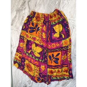 Vintage 90s Floral Flowy Gathered Midi Skirt Watercolor Cotton Sz‎ S